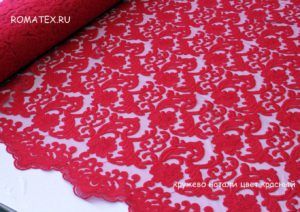 Ткань плотное кружево на сетке натали цвет красный с фистонами с двух сторон