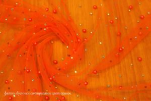 Ткань фатин бусинки со стразами цвет оранжевый